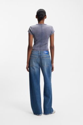 Stretch-cotton slim-fit T-shirt with washed effect, Blue