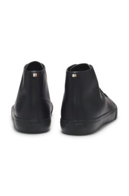 フェイクレザー ハイトップスニーカー グレインテクスチャー, ブラック