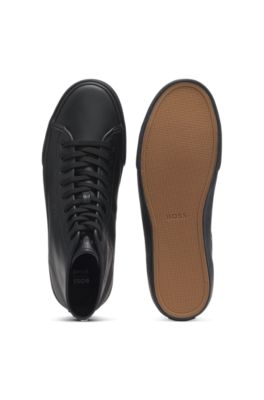 フェイクレザー ハイトップスニーカー グレインテクスチャー, ブラック