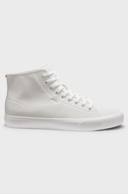 Faux-leather high-top trainers with grained texture, White