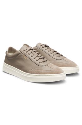 Grained-leather trainers with contrast backtab, Khaki
