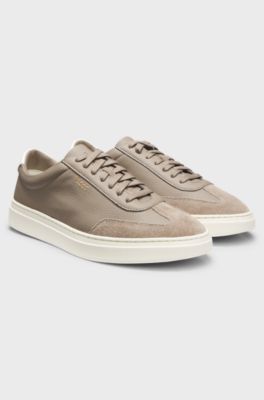 Grained-leather trainers with contrast backtab, Khaki