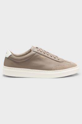 Grained-leather trainers with contrast backtab, Khaki