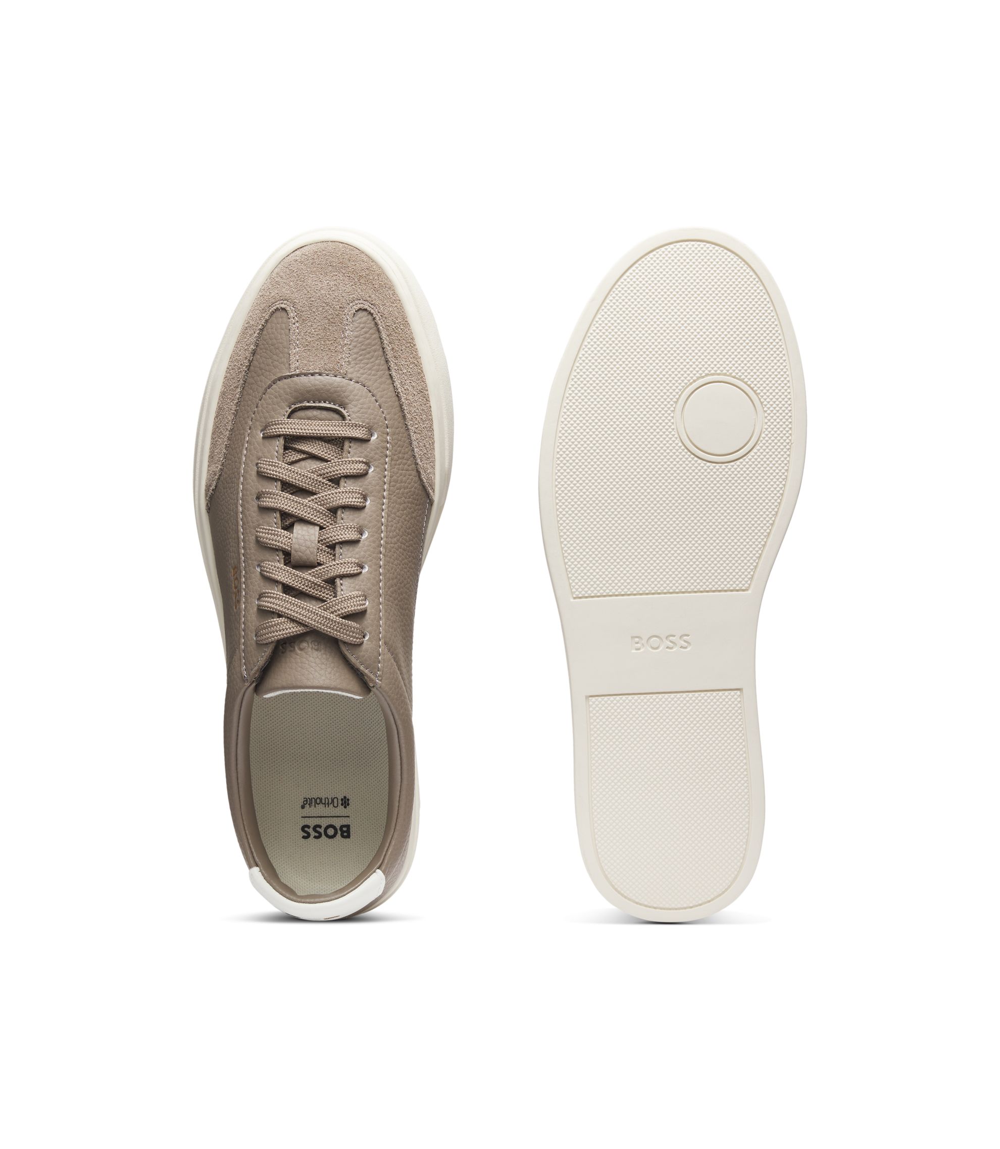 BOSS - Grained-leather trainers with contrast backtab - Khaki