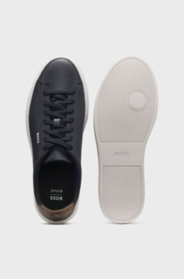 Cupsole trainers in leather with signature-stripe stitching, Dark Blue