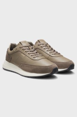 Tumbled-leather trainers with suede trims, Beige