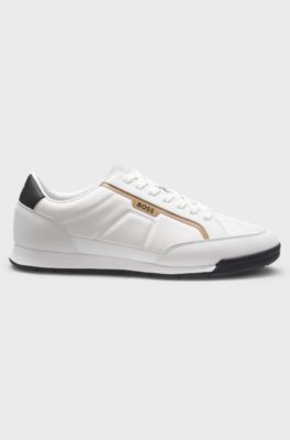 Mixed-material trainers with contrast back tab, White
