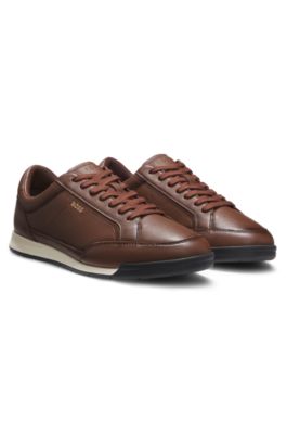 Leather trainers with embossed logo, Brown
