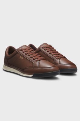 Leather trainers with embossed logo, Brown