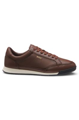 Leather trainers with embossed logo, Brown