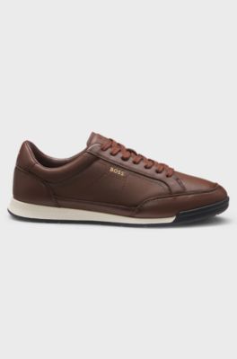 Leather trainers with embossed logo, Brown