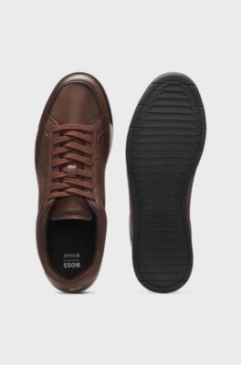 Leather trainers with embossed logo, Brown