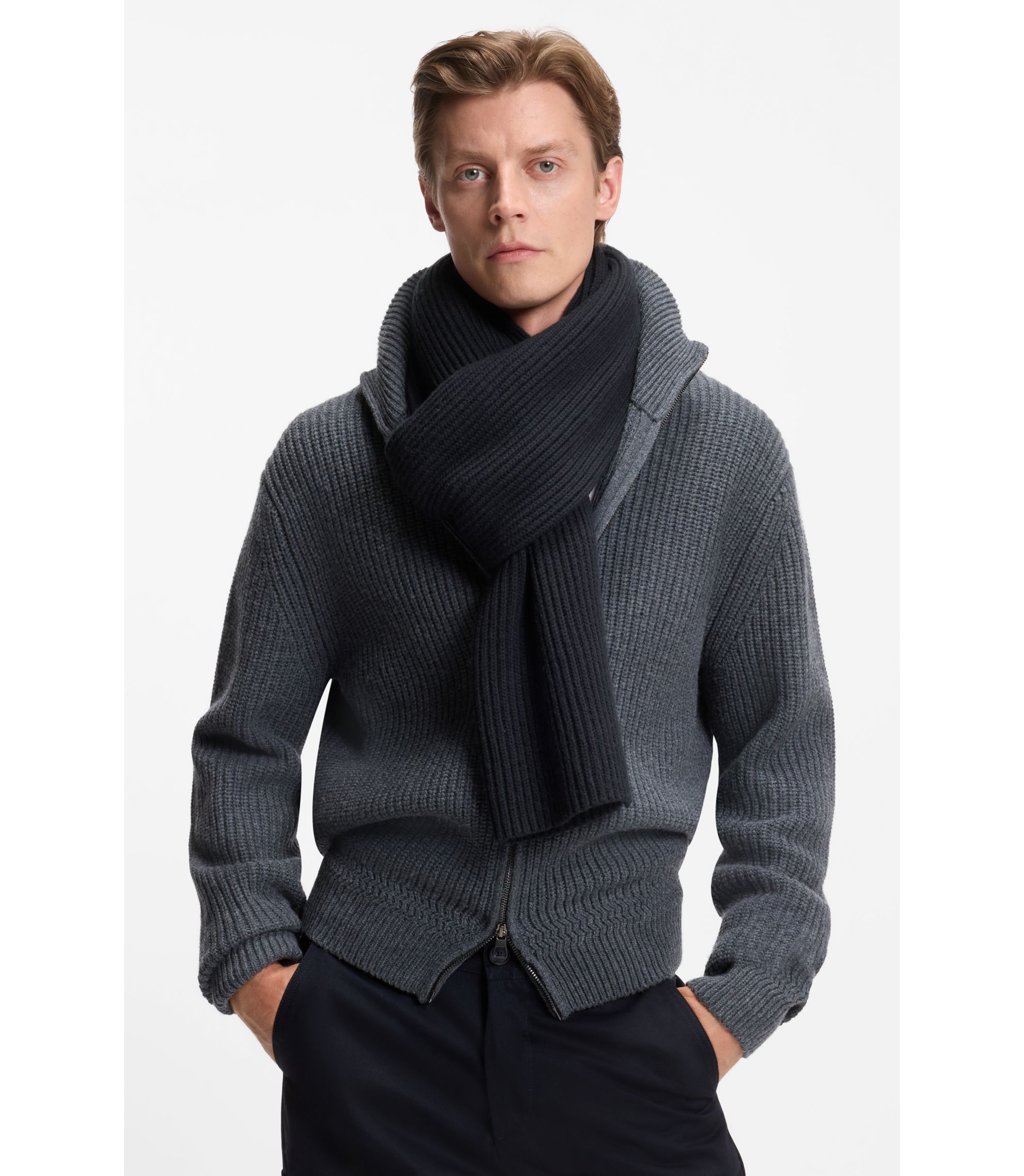 BOSS - BECKHAM x BOSS マフラー バージンウール/カシミア - ダークブルー