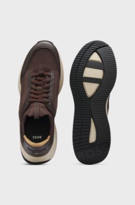 Running-style slip-on trainers in knit and leather, Dark Brown