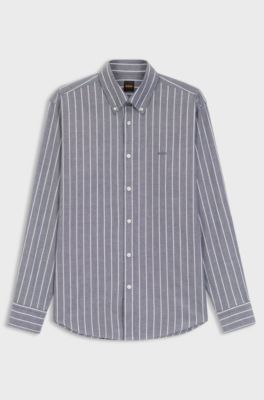 Regular-fit shirt in striped stretch cotton, Dark Blue