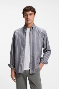 Regular-fit shirt in striped stretch cotton, Dark Blue