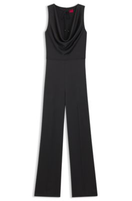 Satin jumpsuit with waterfall neckline, Black