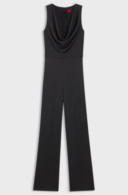 Satin jumpsuit with waterfall neckline, Black