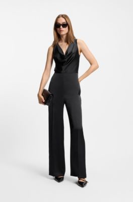 Tuta jumpsuit in satin con scollatura a cascata, Nero
