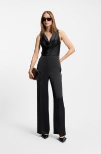 Satin jumpsuit with waterfall neckline, Black