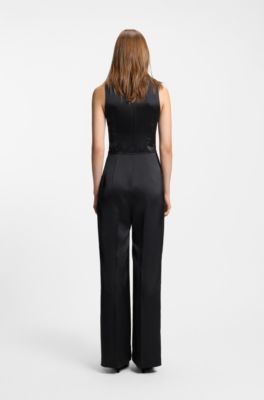 Satin jumpsuit with waterfall neckline, Black