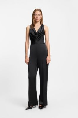 Tuta jumpsuit in satin con scollatura a cascata, Nero