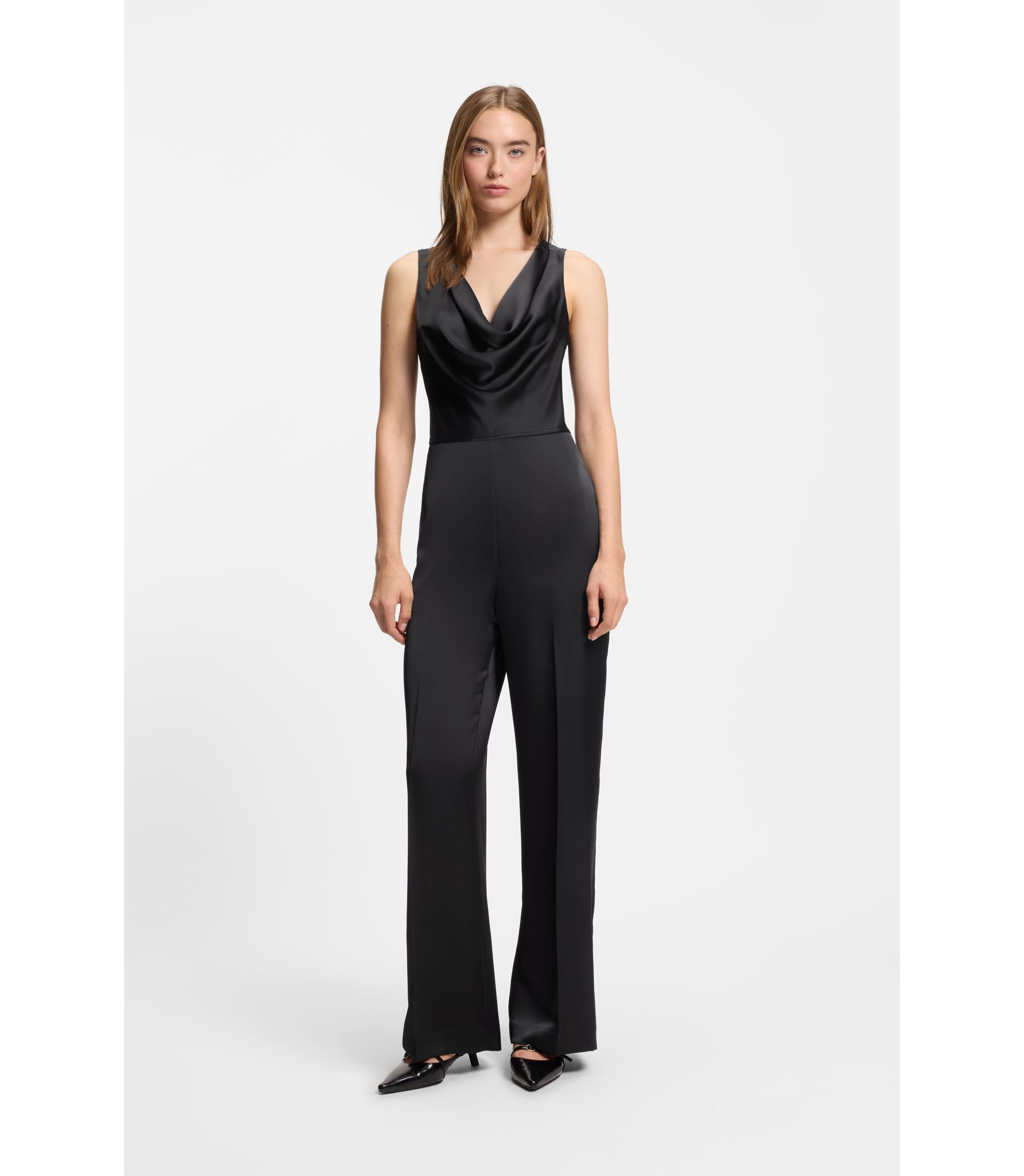 HUGO Satin jumpsuit with waterfall neckline Black
