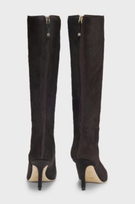 Knee boots in calf-hair leather, Dark Brown