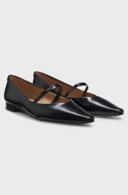 Polished-leather ballerina pumps with strap detail, Black