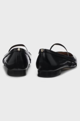 Polished-leather ballerina pumps with strap detail, Black