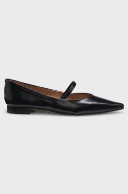 Polished-leather ballerina pumps with strap detail, Black