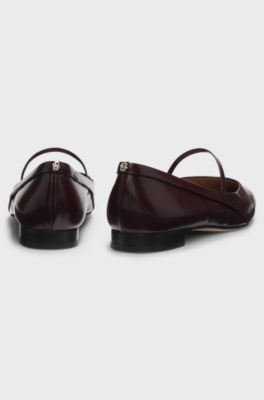 Polished-leather ballerina pumps with strap detail, Dark Red