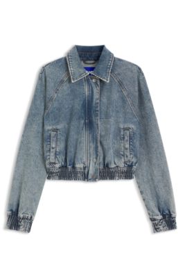 Bomber jacket in blue stretch denim, Blue