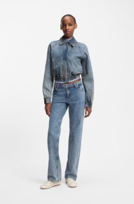 Bomber jacket in blue stretch denim, Blue