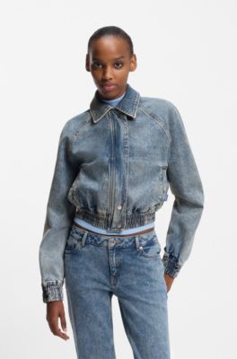 Bomber jacket in blue stretch denim, Blue