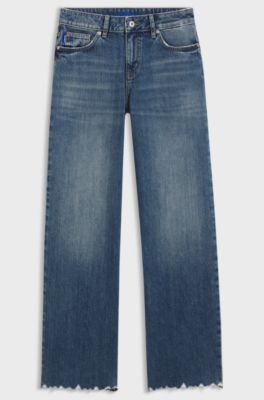 Loose fit-jeans i bl&aring; denim med fransade f&aring;llar, Bl&aring;