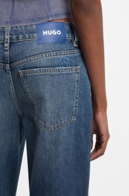 Loose-fit jeans in blue denim with frayed hems, Blue