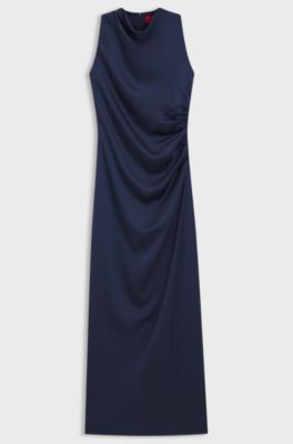 Satijnen maxi-jurk met geplooide details, Donkerblauw