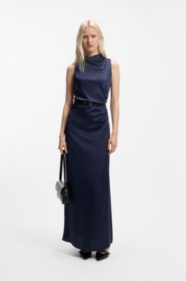 Robe longue en satin &agrave; d&eacute;tails fronc&eacute;s, Bleu fonc&eacute;