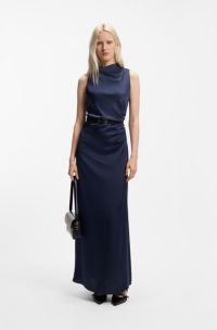 Maxi vestito in satin con dettagli arricciati, Blu scuro