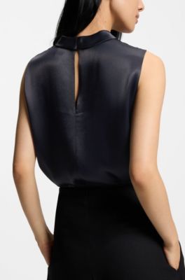 Sleeveless sateen top with keyhole rear closure, Dark Blue