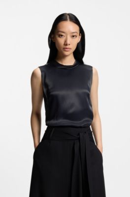 Sleeveless sateen top with keyhole rear closure, Dark Blue