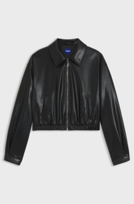 Cropped jacket in faux leather with embossed rear logo, Black