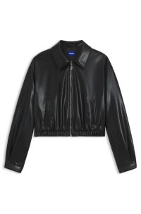 Cropped jacket in faux leather with embossed rear logo, Black
