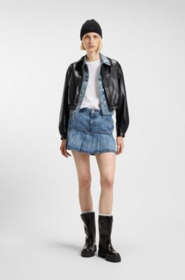 Cropped jacket in faux leather with embossed rear logo, Black