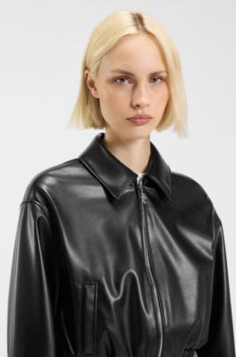 Cropped jacket in faux leather with embossed rear logo, Black
