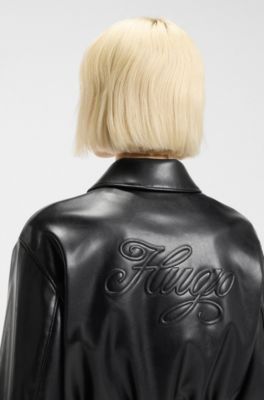 Cropped jacket in faux leather with embossed rear logo, Black