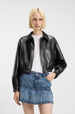 Cropped jacket in faux leather with embossed rear logo, Black