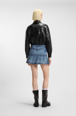 Cropped jacket in faux leather with embossed rear logo, Black