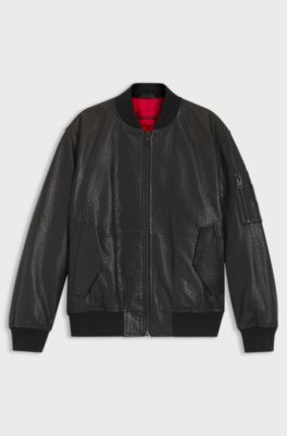 Regular-fit bomber jacket in patterned leather, Black